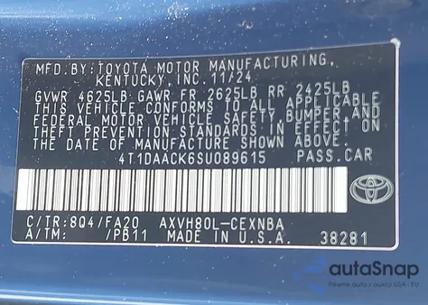 2025 Toyota Camry Le из США, поврежденный, VIN 4T1DAACK6SU089615